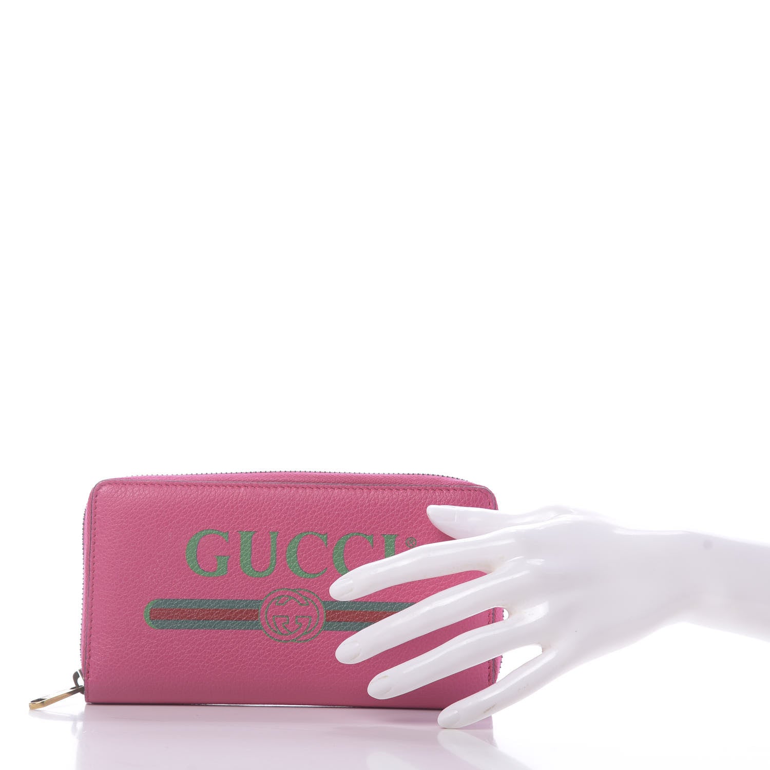 Gucci Grained Calfskin Logo Zip Around Wallet Box Pink Green 2 of 9