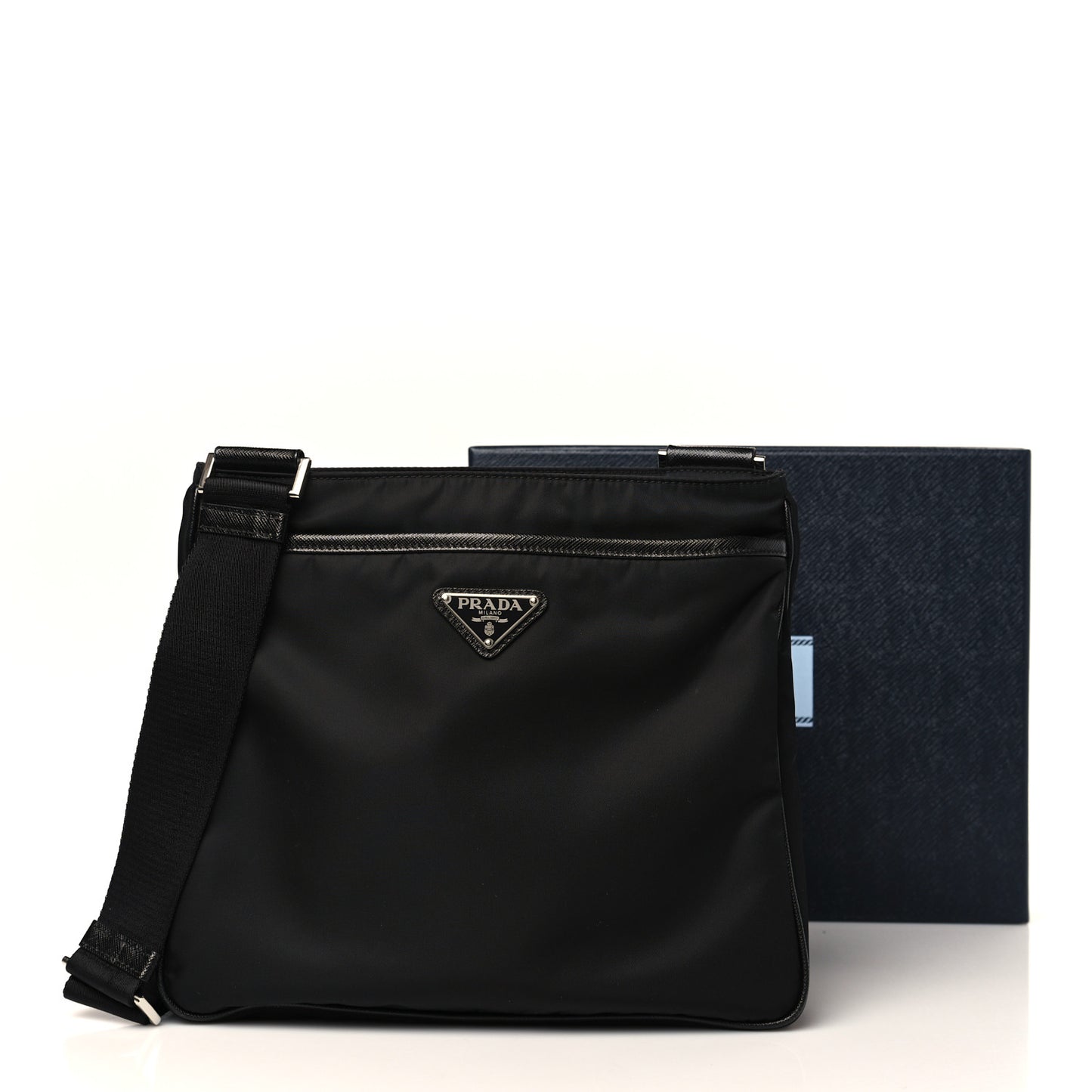 Re-Nylon Saffiano Pocket Flat Messenger Bag Black