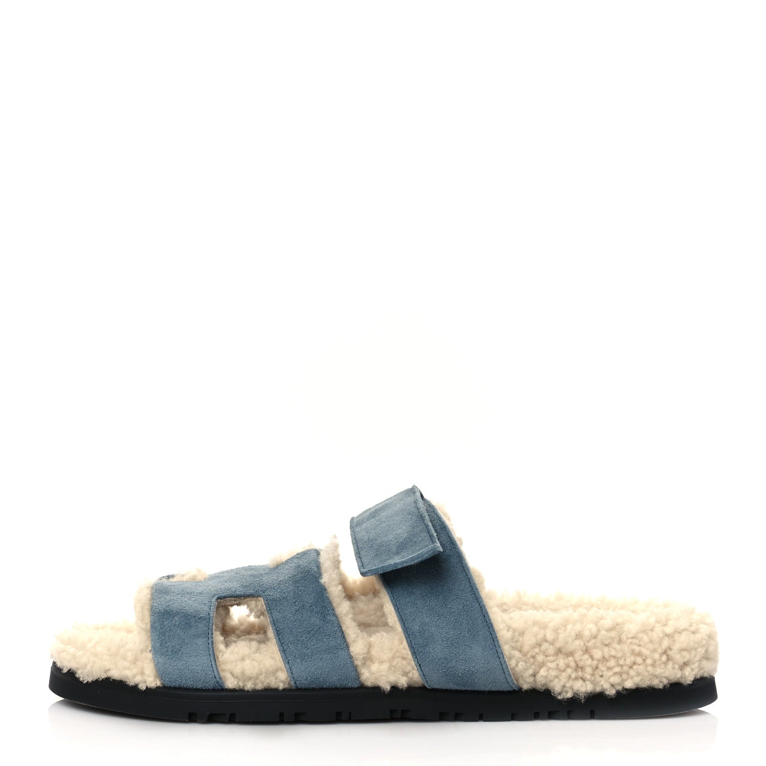 Hermes Suede Goatskin Woolskin Womens Chypre Sandals 37.5 Bleu Pinede Ecru 1 of 8