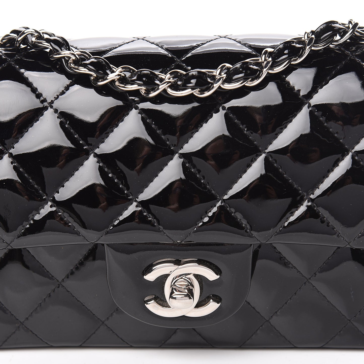 Patent Calfskin Quilted Mini Rectangular Flap Black