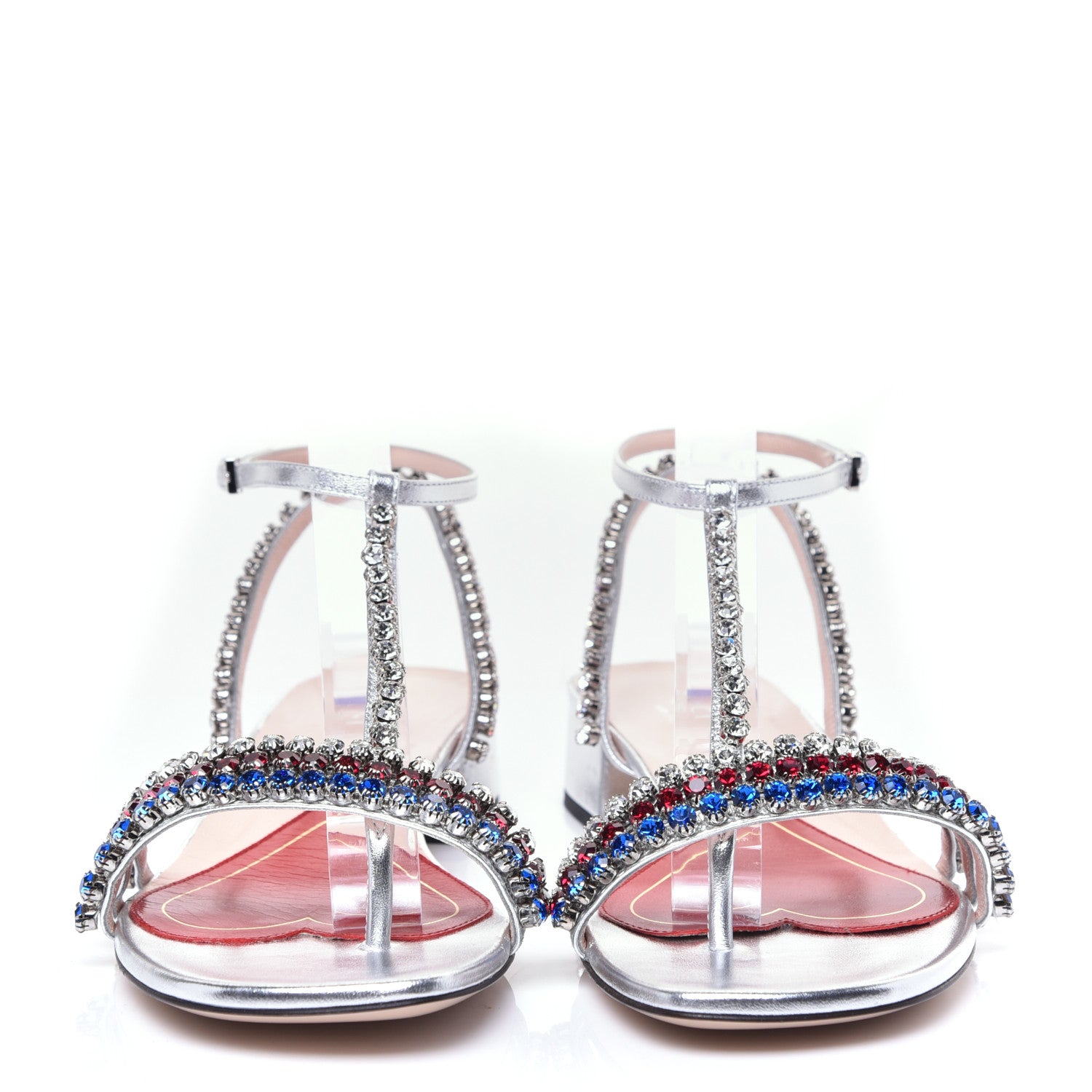 Gucci Nappa Silk Crystal Bertie T-Strap Low Heel Sandals 39 Argento 3 of 13