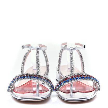 Gucci Nappa Silk Crystal Bertie T-Strap Low Heel Sandals 39 Argento 3 of 13