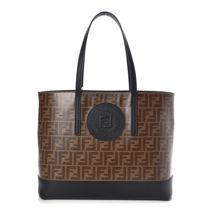 Fendi Glazed Fabric Vitello Century FF 1974 Stamp Patch Shopping Tote Mogano Panna Black 1 of 9