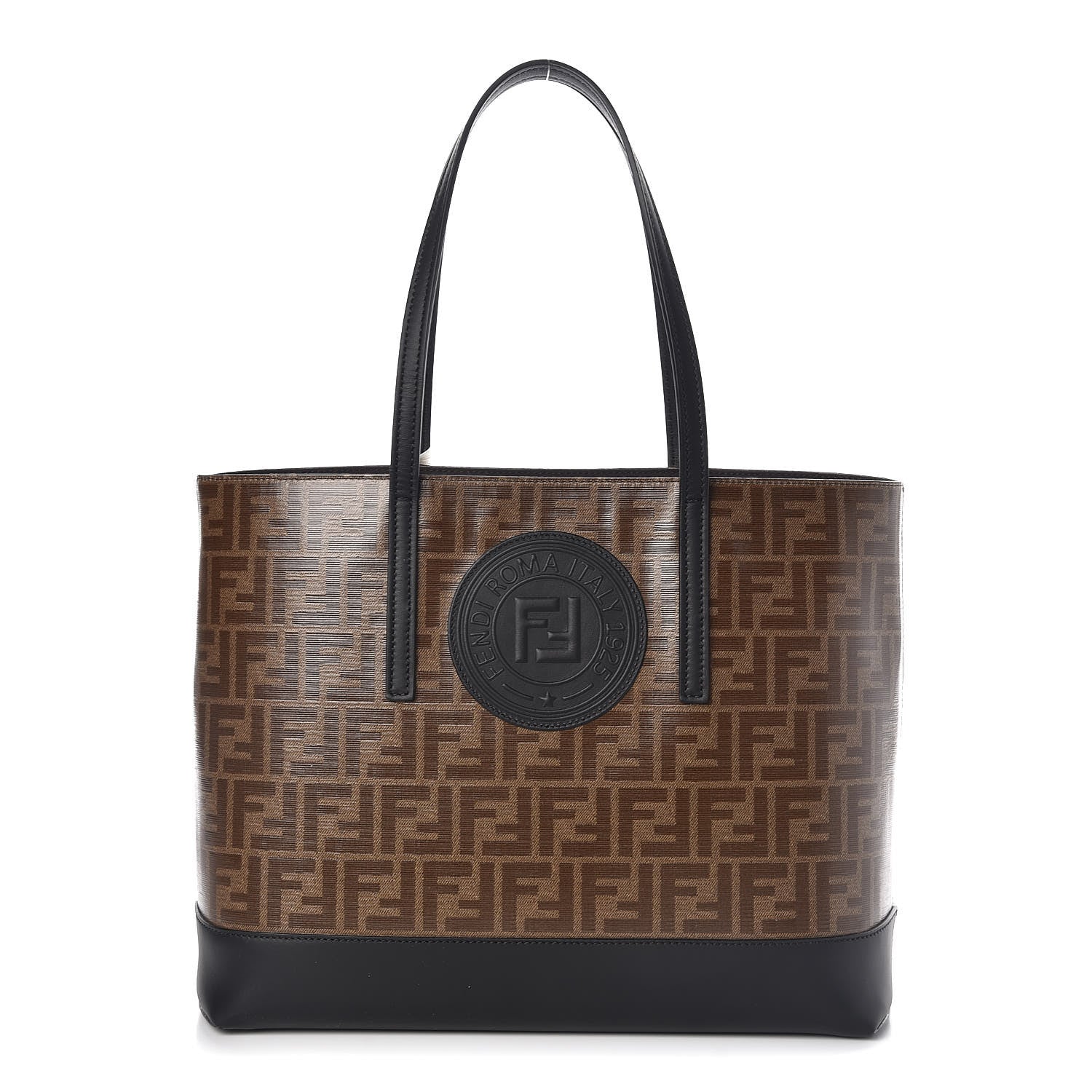 Fendi Glazed Fabric Vitello Century FF 1974 Stamp Patch Shopping Tote Mogano Panna Black 1 of 15