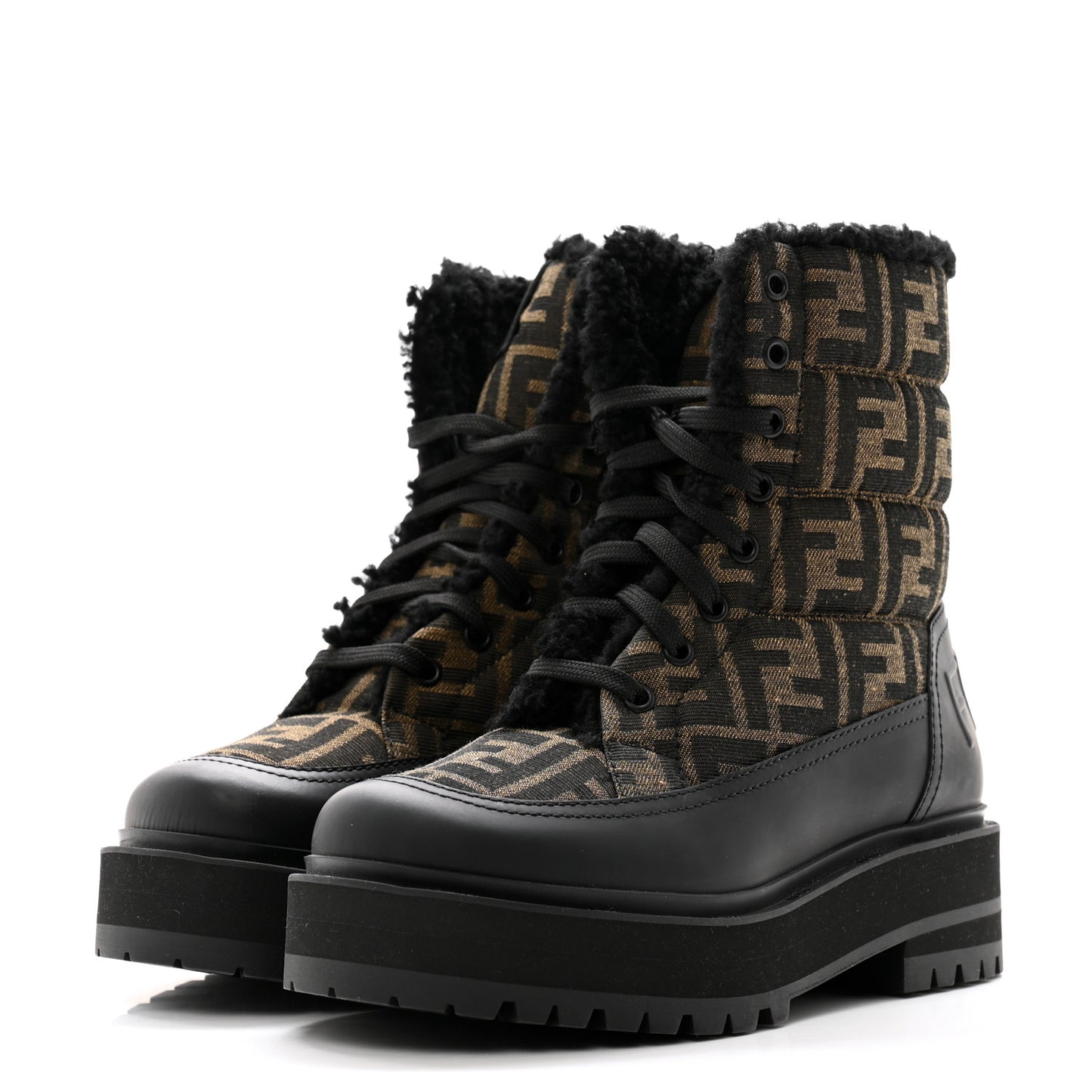 Vitello Nylon Jacquard Fabric FF Signature Biker Boots 35.5 Black Tobacco