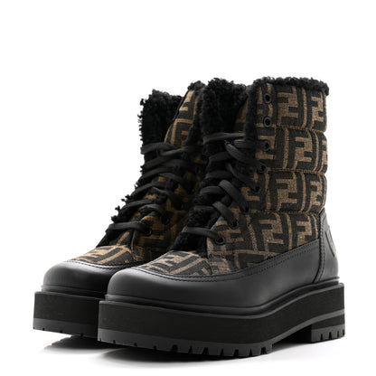 Fendi Vitello Nylon Jacquard Fabric FF Signature Biker Boots 35.5 Black Tobacco 3 of 9