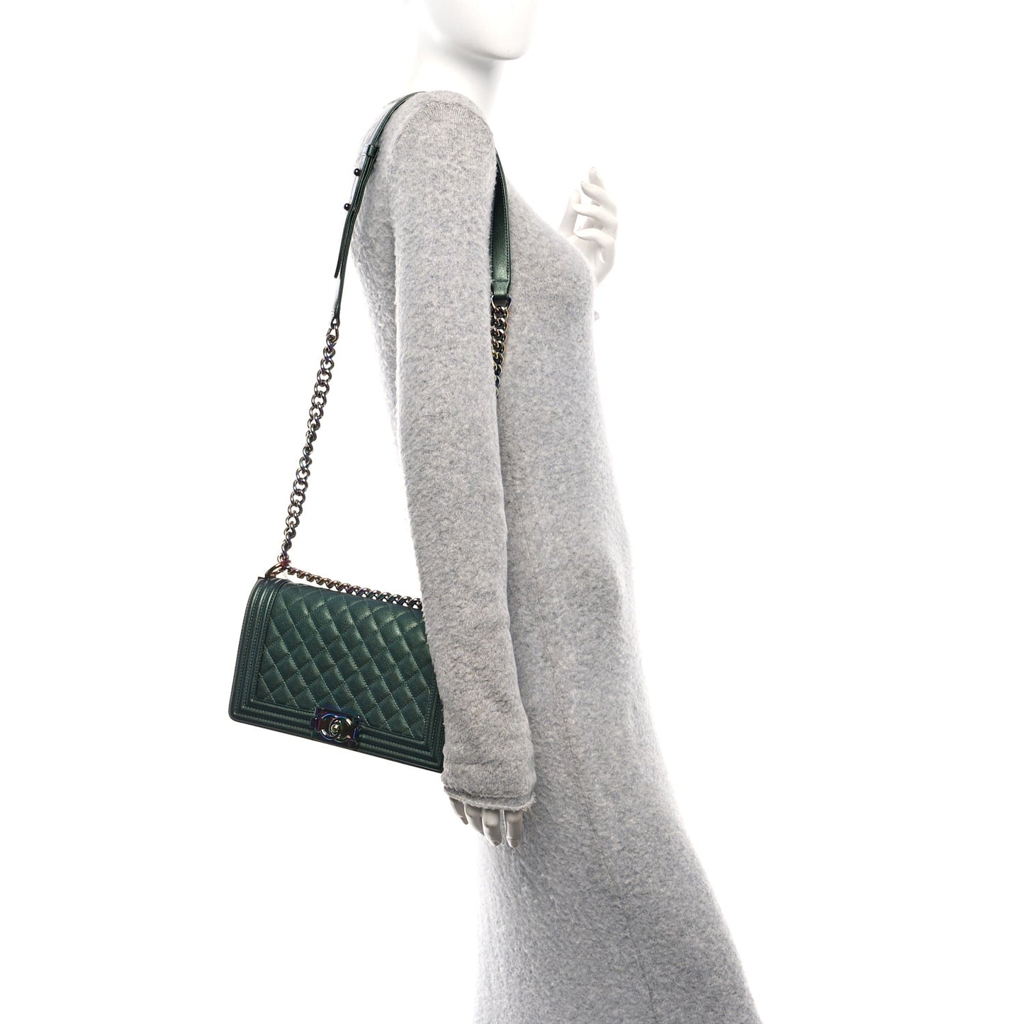 Iridescent Goatskin Quilted Medium Boy Flap Green