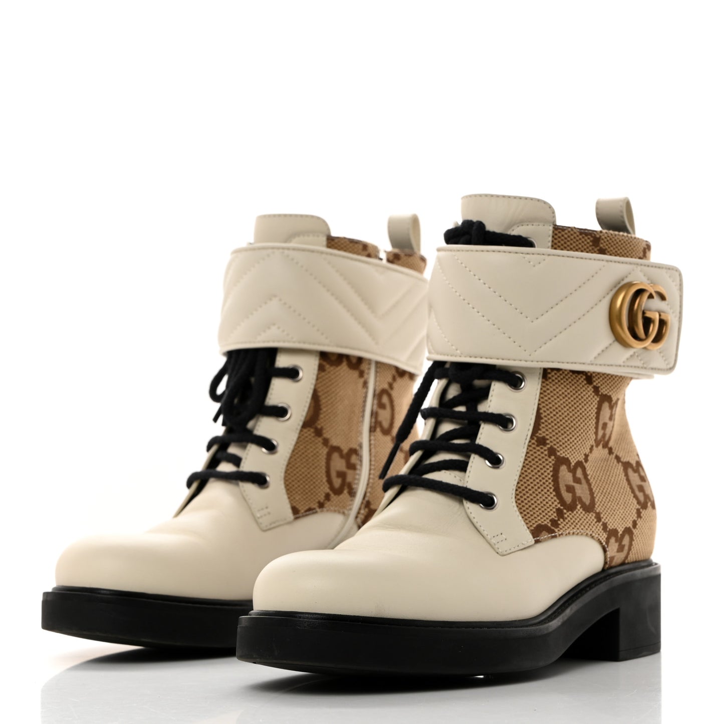 Flores Calfskin Monogram Maxi GG Nappa Matelasse Double G 40mm Ankle Boots 38.5 Mystic White Camel Ebony