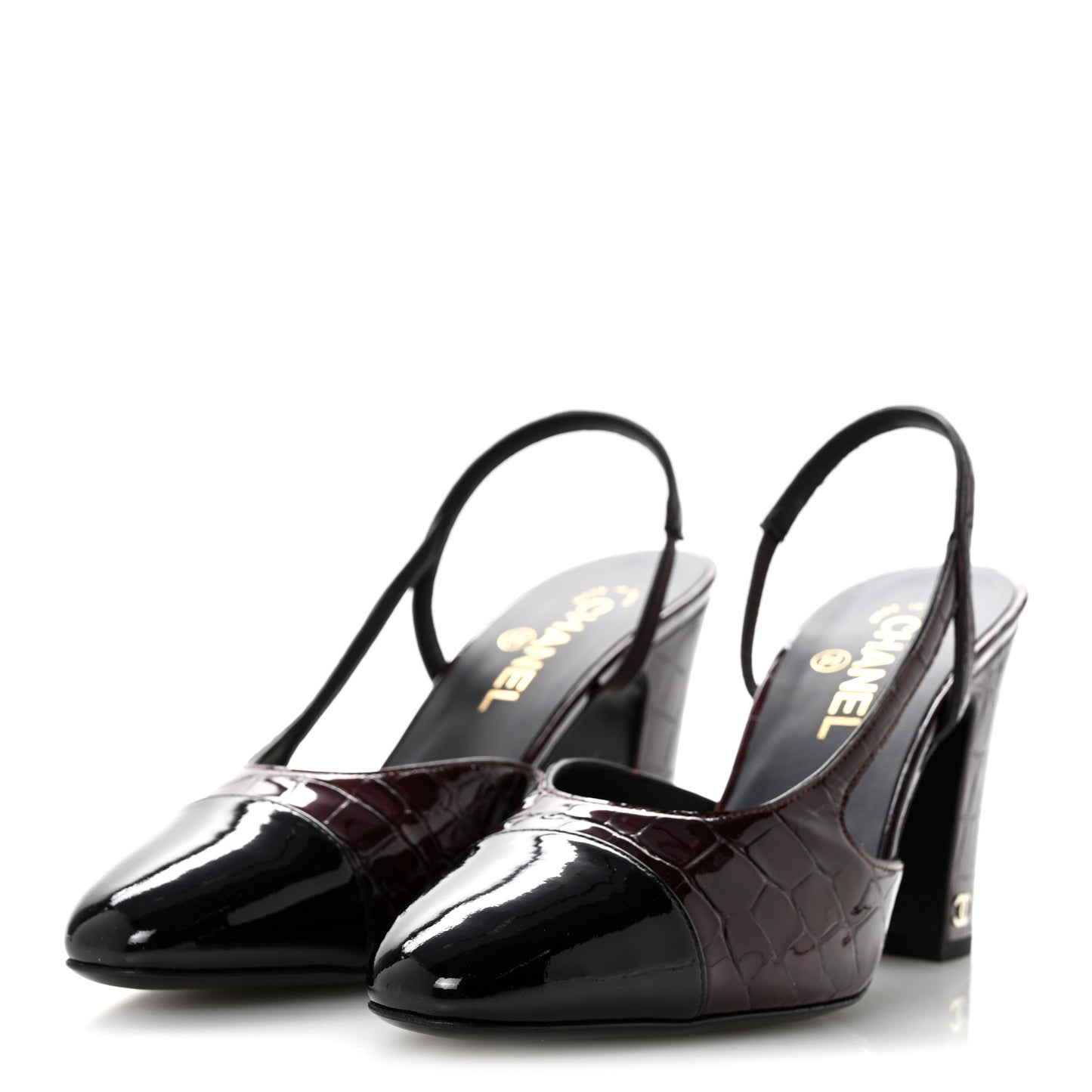 Patent Calfskin Crocodile Embossed Cap Toe CC Slingback Pumps 40 Dark Burgundy Black