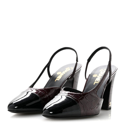 Chanel Patent Calfskin Crocodile Embossed Cap Toe CC Slingback Pumps 40 Dark Burgundy Black 4 of 10
