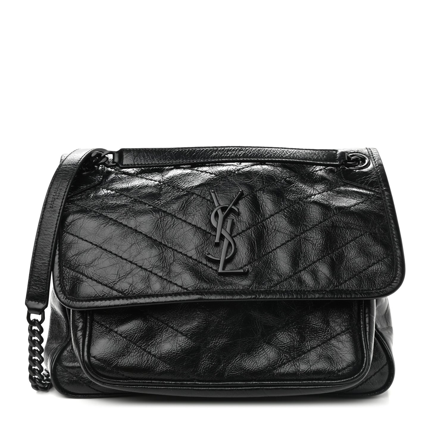 Crinkled Calfskin Matelasse Monogram Medium Niki Chain Satchel Black