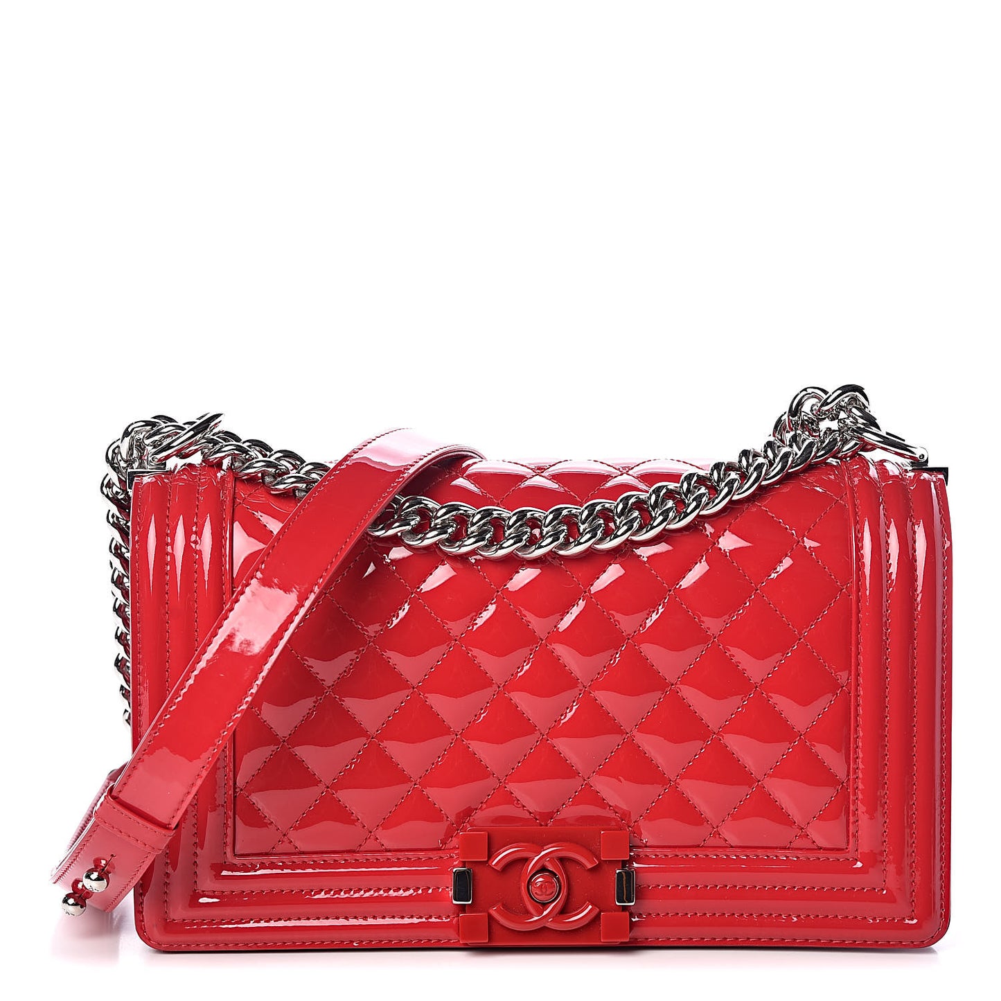 Patent Calfskin Quilted Medium Plexiglass Boy Flap Red