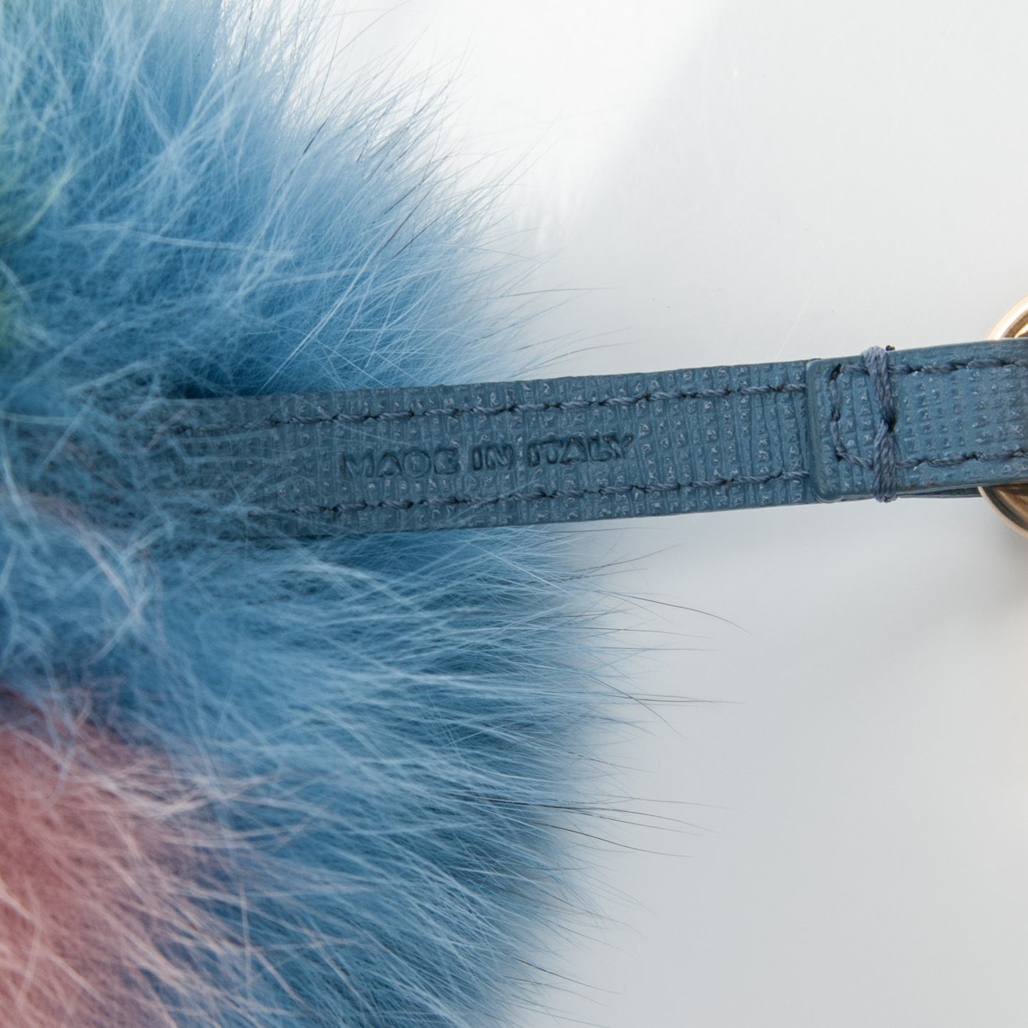 Fox Fur Vitello Elite Tri-Color Pom Pom Bag Charm Pink Nebula Acqua Ceruleo