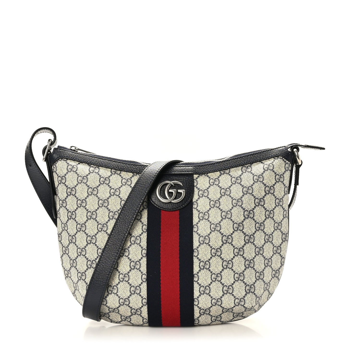 GG Supreme Monogram Textured Dollar Calfskin Web Small Ophidia Half Moon Hobo Beige Blue