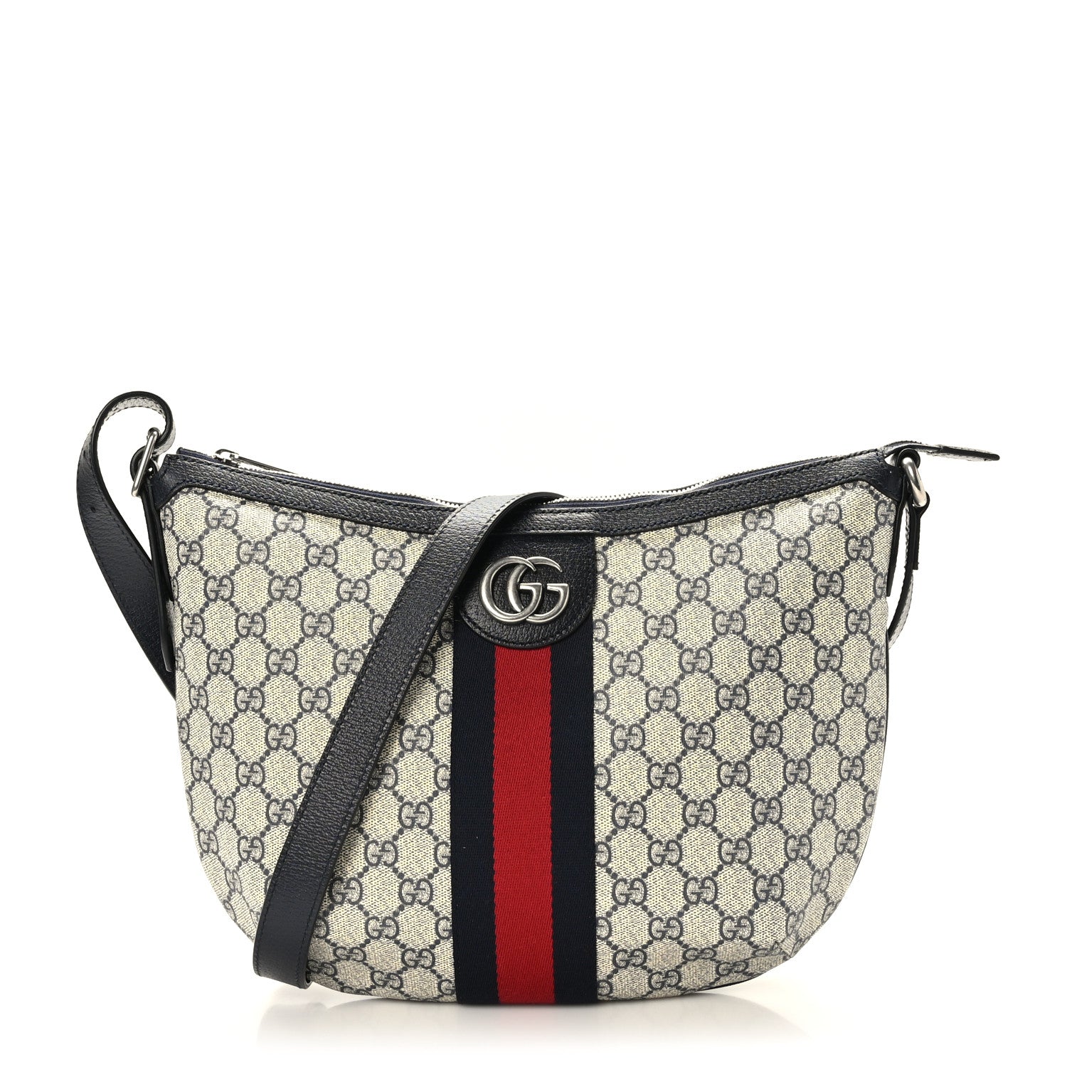 Gucci GG Supreme Monogram Textured Dollar Calfskin Web Small Ophidia Half Moon Hobo Beige Blue 1 of 9