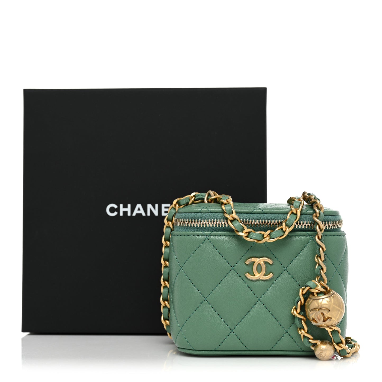 Lambskin Quilted Pearl Crush Mini Vanity Case With Chain Dark Green
