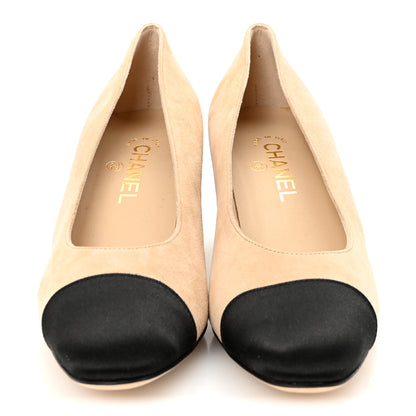 Chanel Suede Satin Cap Toe Low Heel Pumps 40 Beige Black 3 of 9