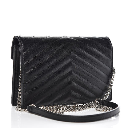 Saint Laurent Grain De Poudre Matelasse Chevron Monogram Envelope Chain Wallet Black 3 of 15