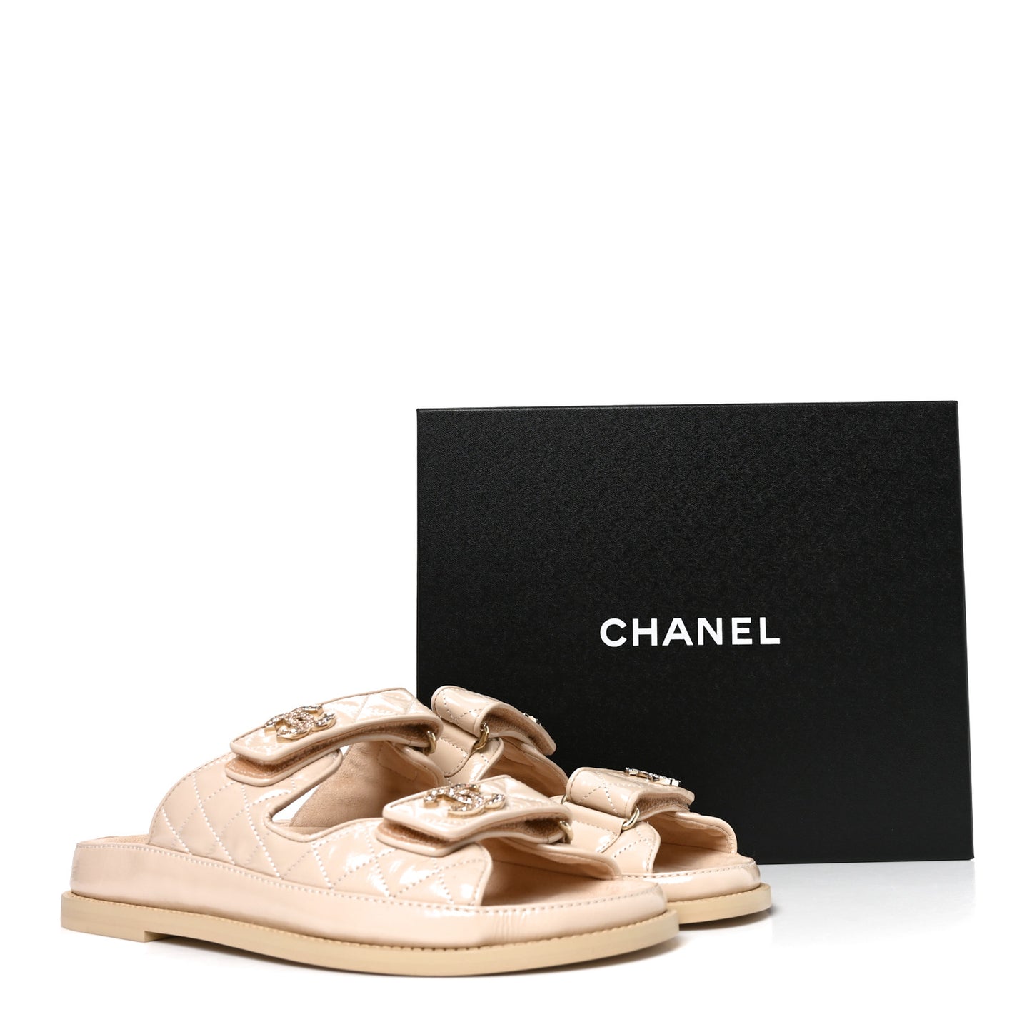 Shiny Calfskin Crystal Quilted Velcro Dad CC Slide Sandals 38.5 Light Beige