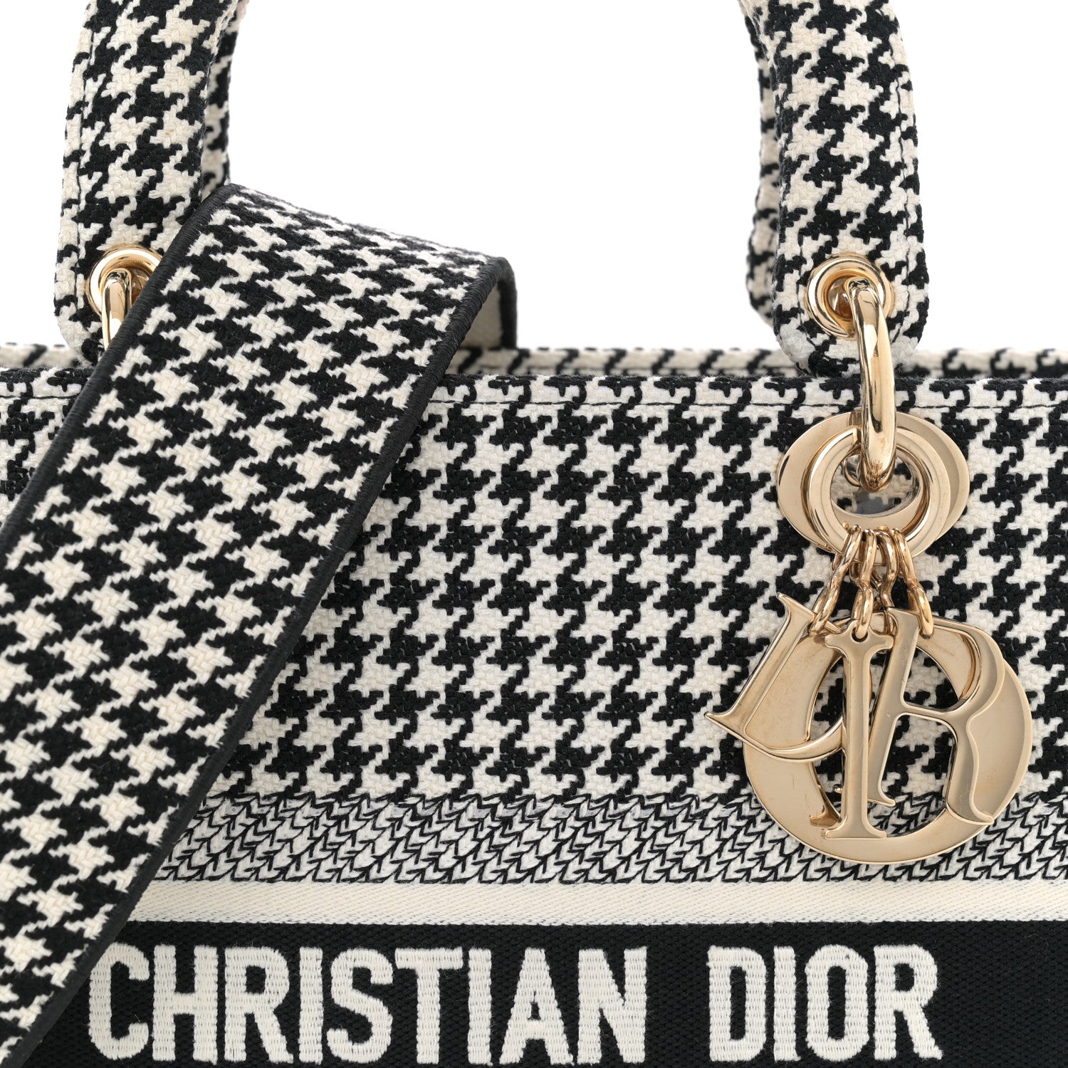 Christian Dior Canvas Houndstooth Embroidered Medium Lady D-Lite Black White 8 of 10
