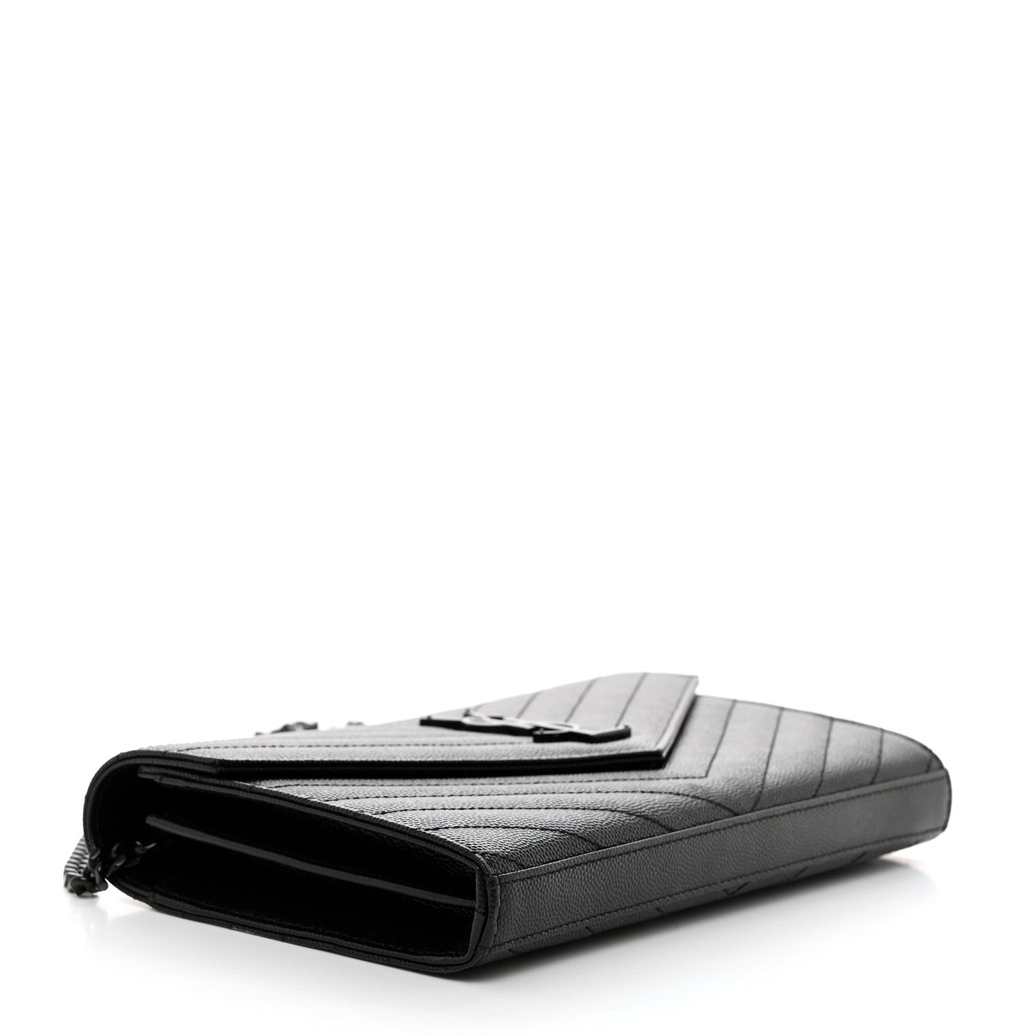Saint Laurent Grain De Poudre Matelasse Chevron Monogram Monochrome Chain Wallet Black 4 of 10