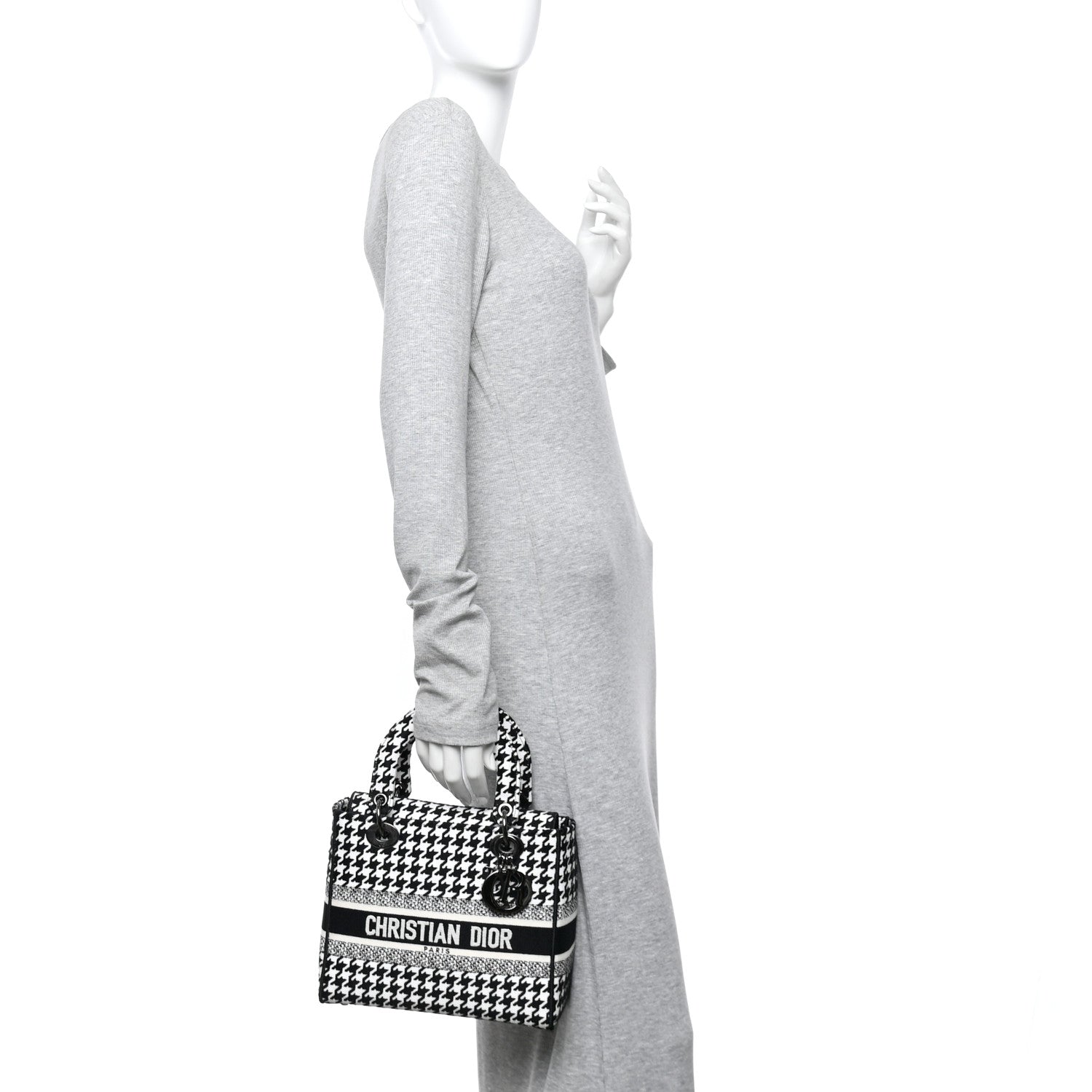 Christian Dior Canvas Houndstooth Embroidered Medium Lady D-Lite