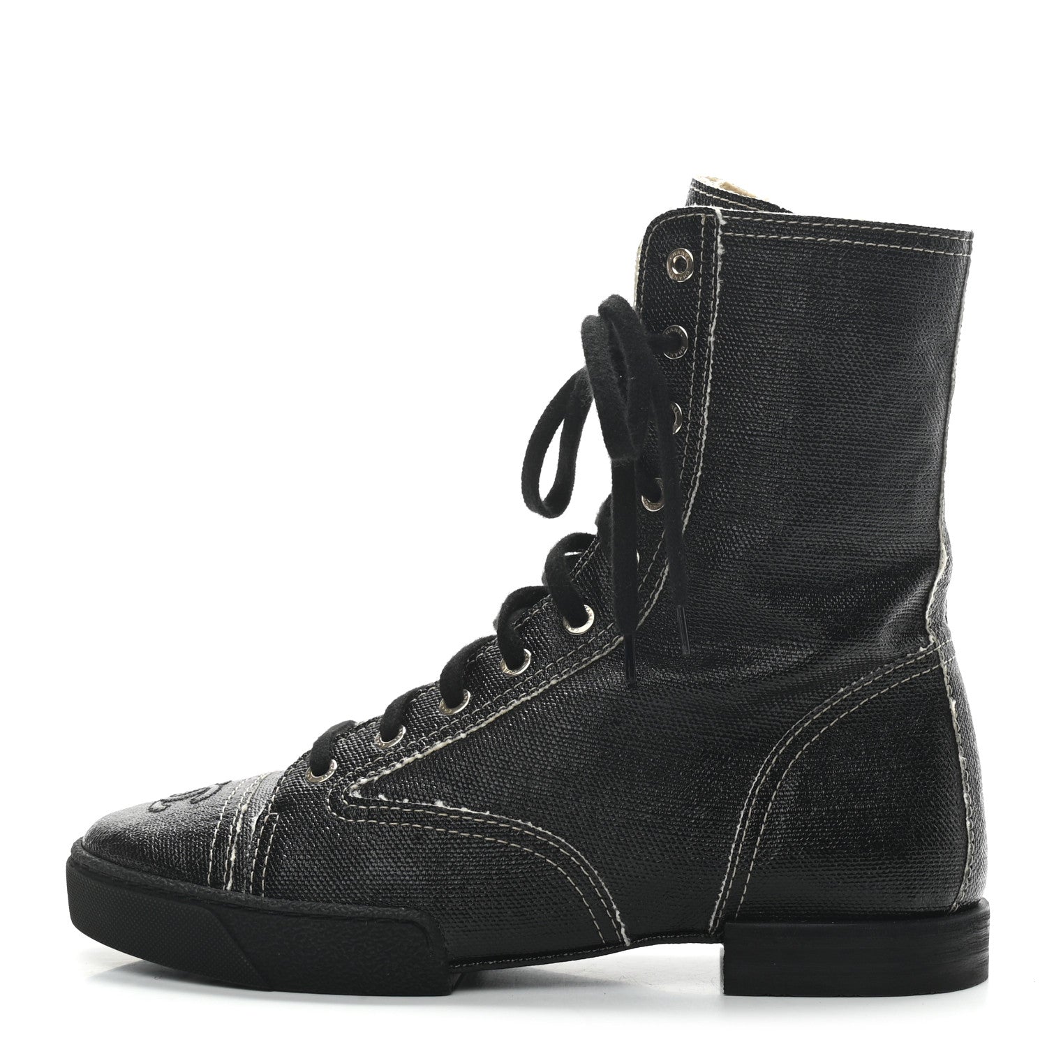 Chanel Coated Canvas Lace Up Combat Boots 39 Black 1 of 8
