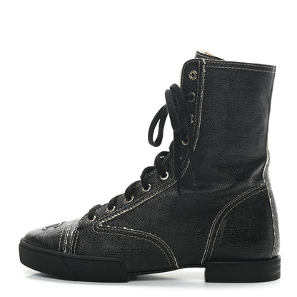 Chanel Coated Canvas Lace Up Combat Boots 39 Black 1 of 8