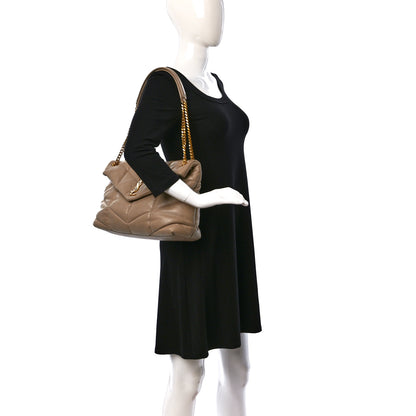 Saint Laurent Lambskin Quilted Medium Loulou Puffer Monogram Chain Satchel Dark Beige 2 of 9