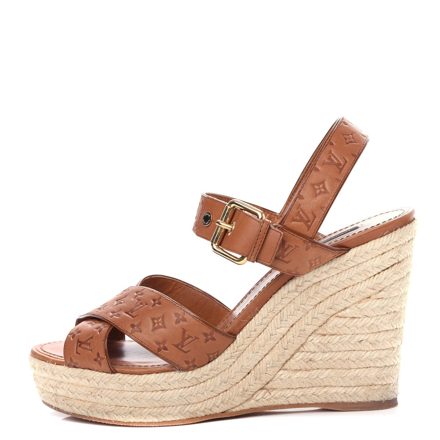 Calfskin Monogram Embossed Espadrille Wedge Sandals 41 Cognac