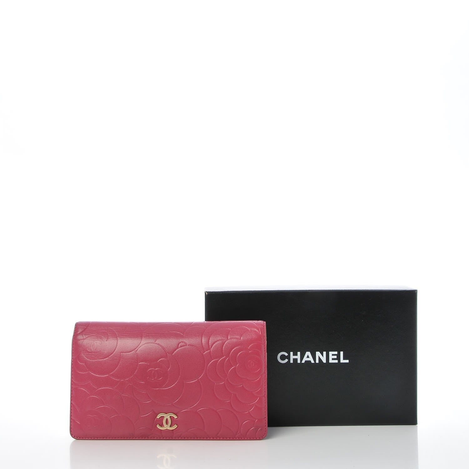 Chanel Lambskin Camellia Embossed Yen Wallet Fuchsia 9 of 9