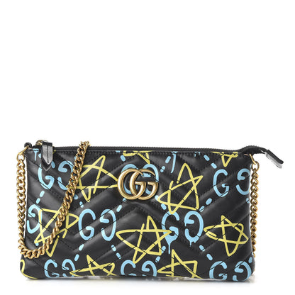 Gucci Calfskin Matelasse Printed Mini GucciGhost GG Marmont Chain Bag Black New AcquamarineCalfskin Matelasse GucciGhost Mini GG Marmont Chain Bag Black New Acquamarine 1 of 10