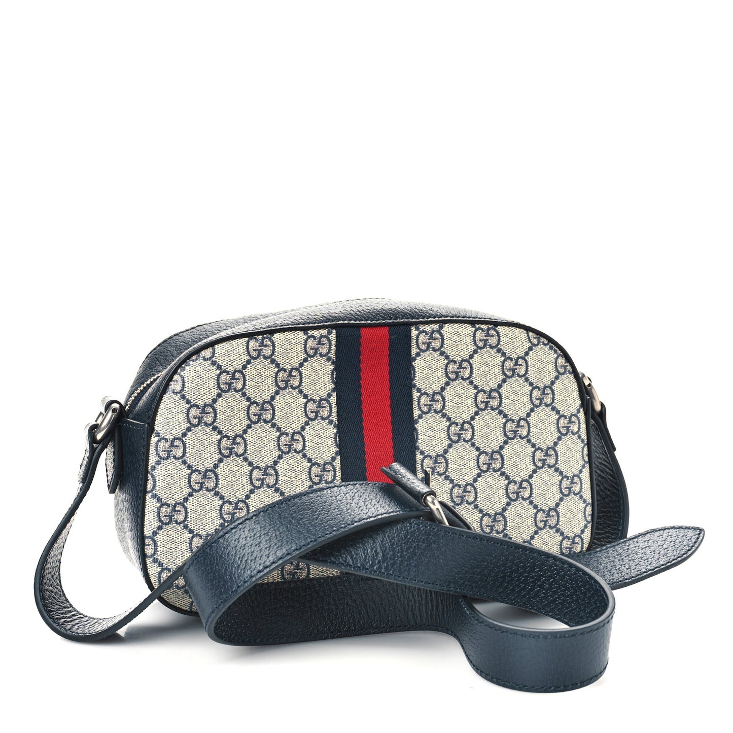 GG Supreme Monogram Textured Dollar Calfskin Web Small Ophidia Camera Bag Beige Blue