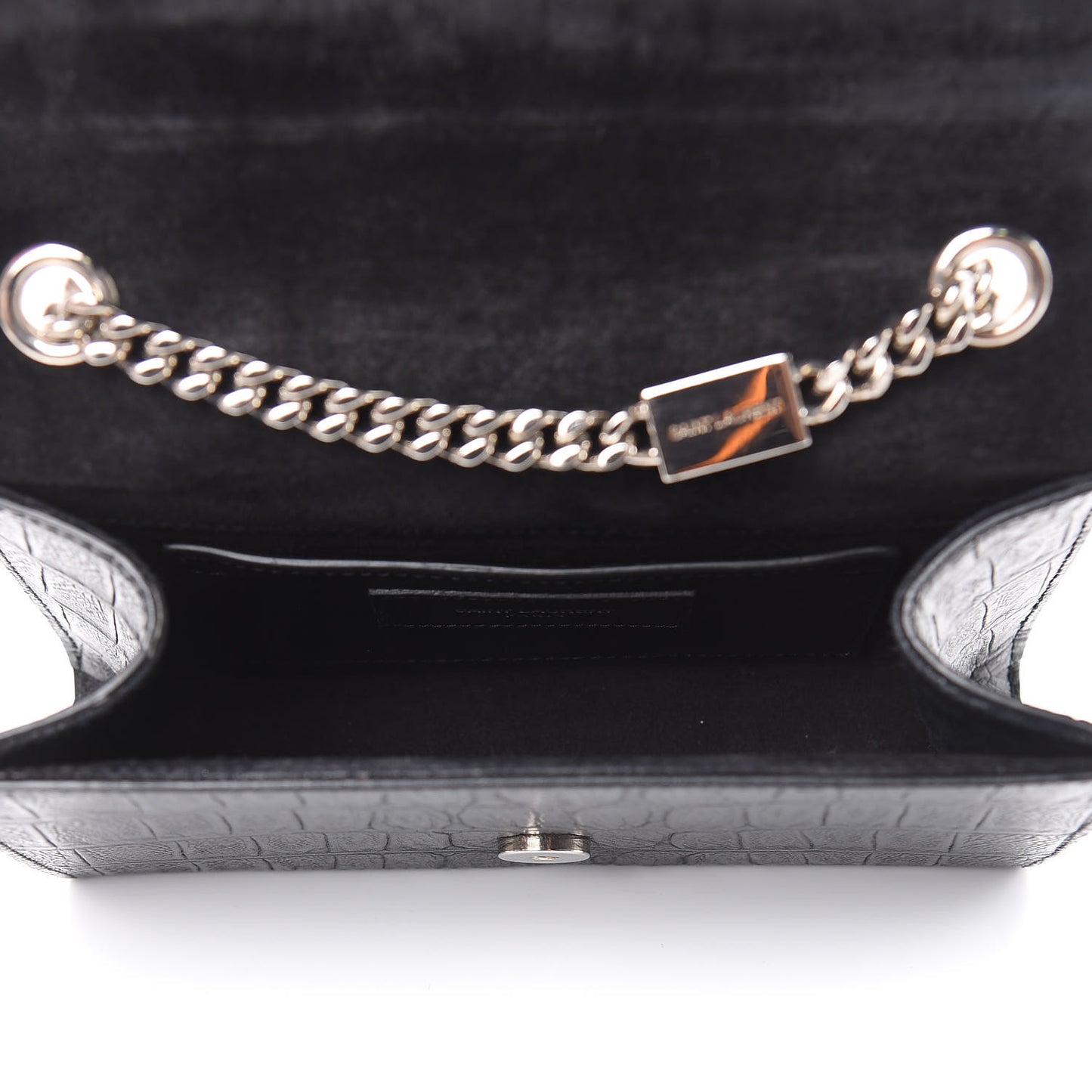 Calfskin Crocodile Embossed Monogram Small Kate Tassel Satchel Black