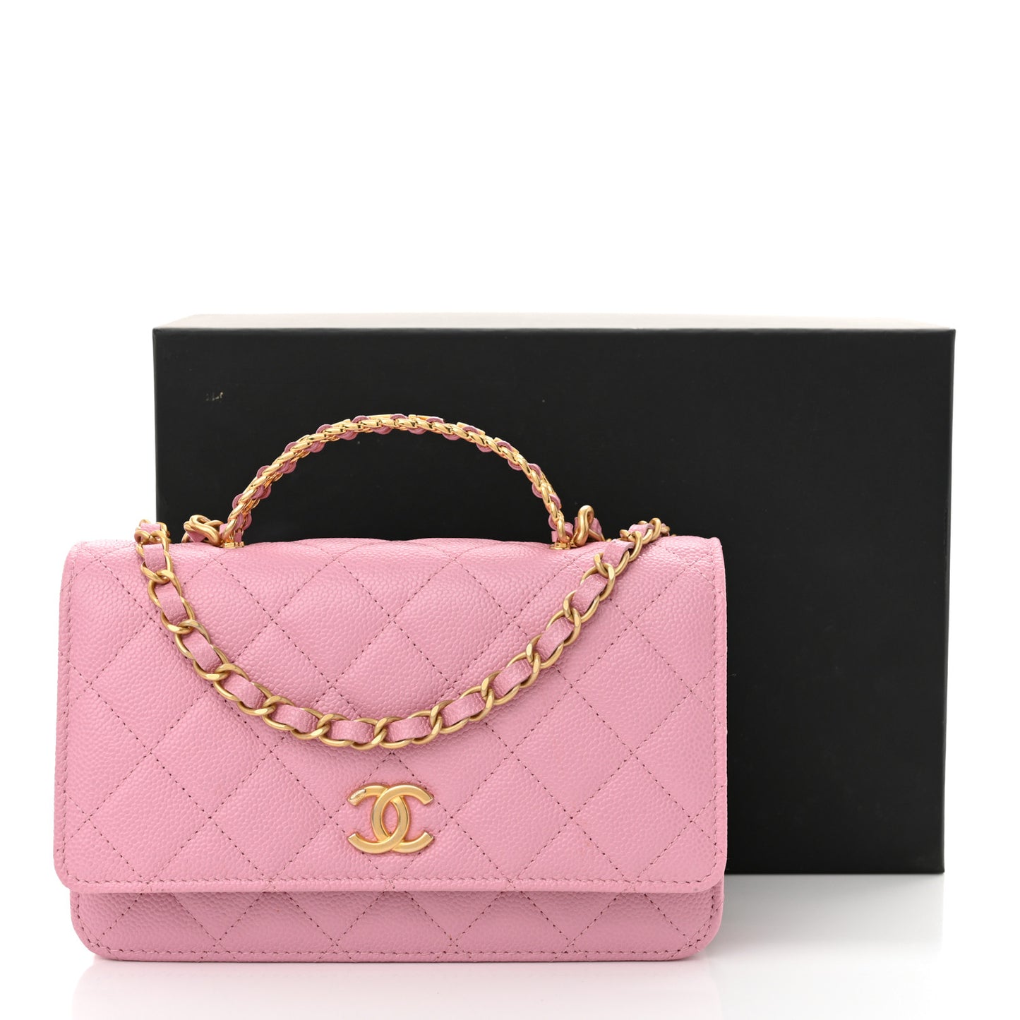 Shiny Caviar Quilted Pick Me Up Wallet On Chain WOC Pink