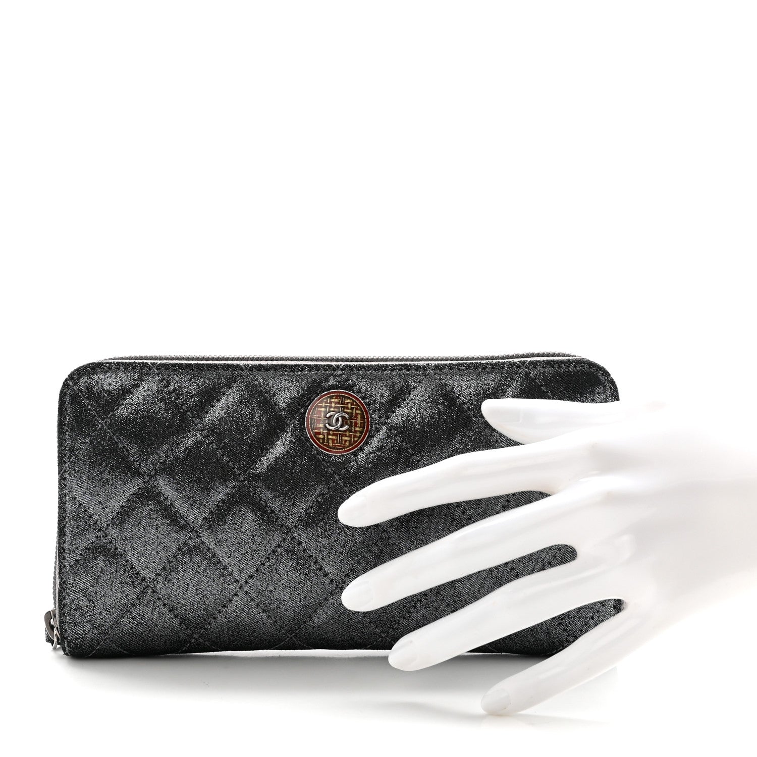 Chanel Iridescent Calfskin Quilted Tartan Button Zip Around Wallet Grey 2 of 7