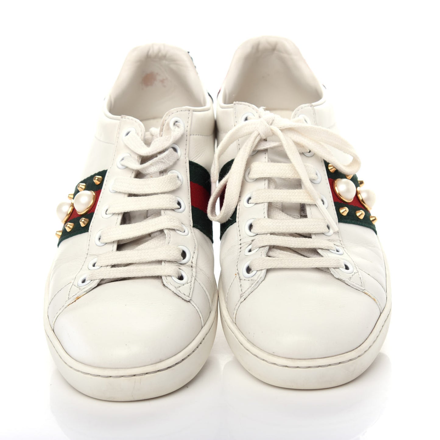 Calfskin Web Pearl Studded Womens Ace Sneakers 36 White