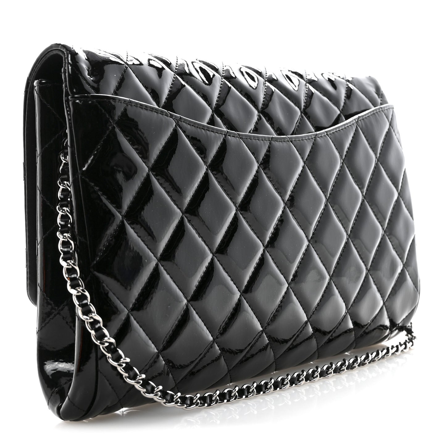 Patent Quilted Clutch with Chain Flap Black