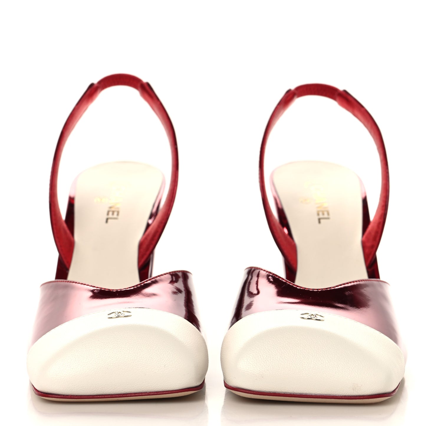 Laminated Calfskin Lambskin Cap Toe CC Slingback Pumps 39.5 Red Ivory