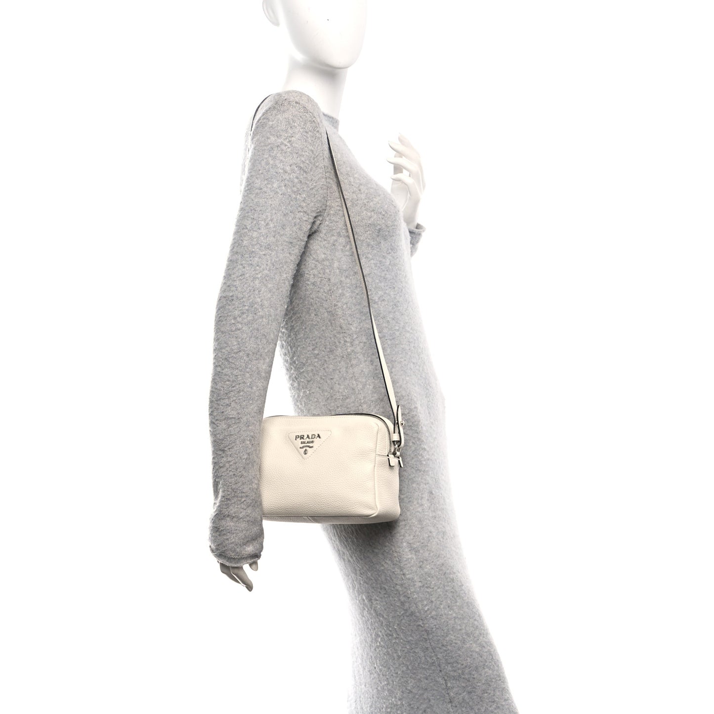 Vitello Daino Soft Medium Double Zip Shoulder Bag White