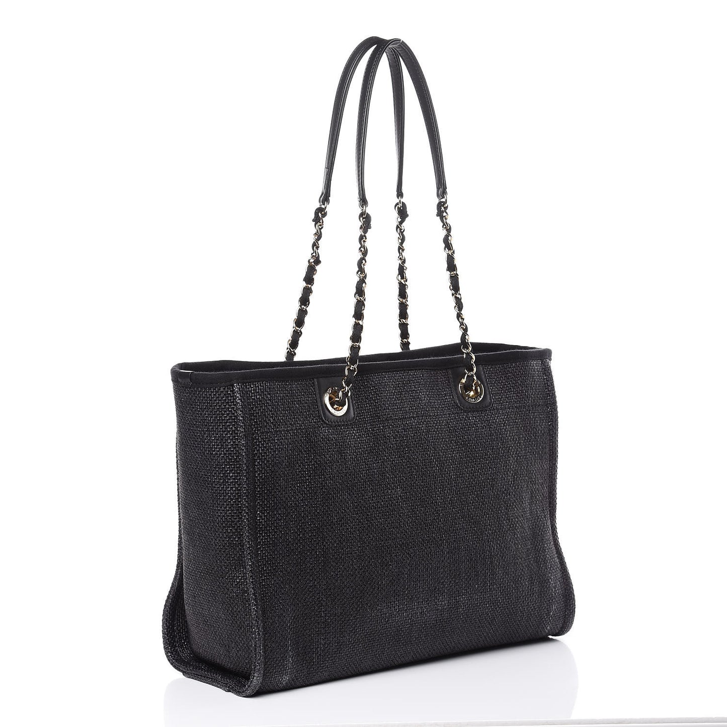 Woven Straw Raffia Small Deauville Tote Black