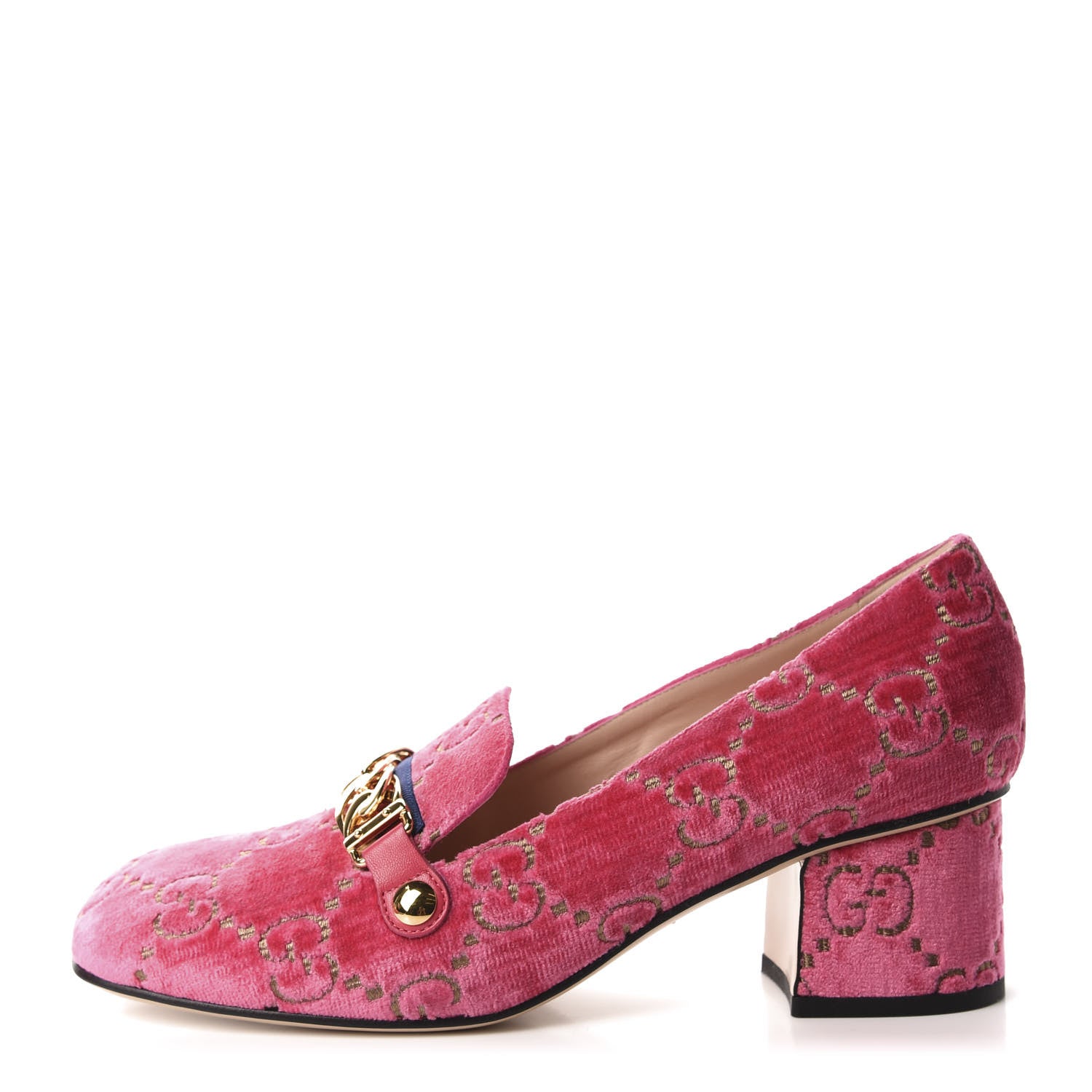 Gucci Velvet GG Monogram Sylvie Web Chain Mid Heel Loafers 40 Bright Pink 1 of 10
