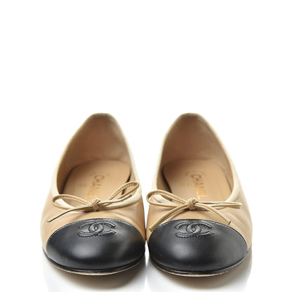 Chanel Lambskin Cap Toe CC Ballerina Flats 37 Beige Black 2 of 12