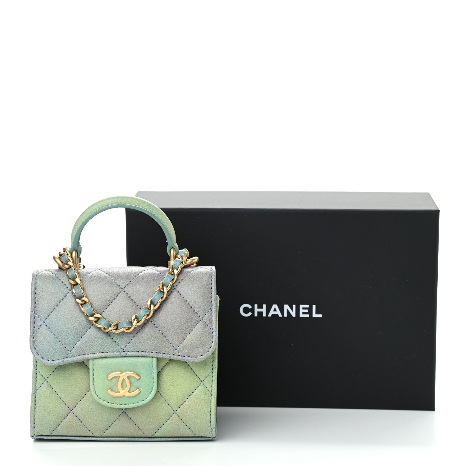 Chanel Lambskin Quilted Ombre Top Handle Flap Clutch With Chain Green Purple 12 of 12
