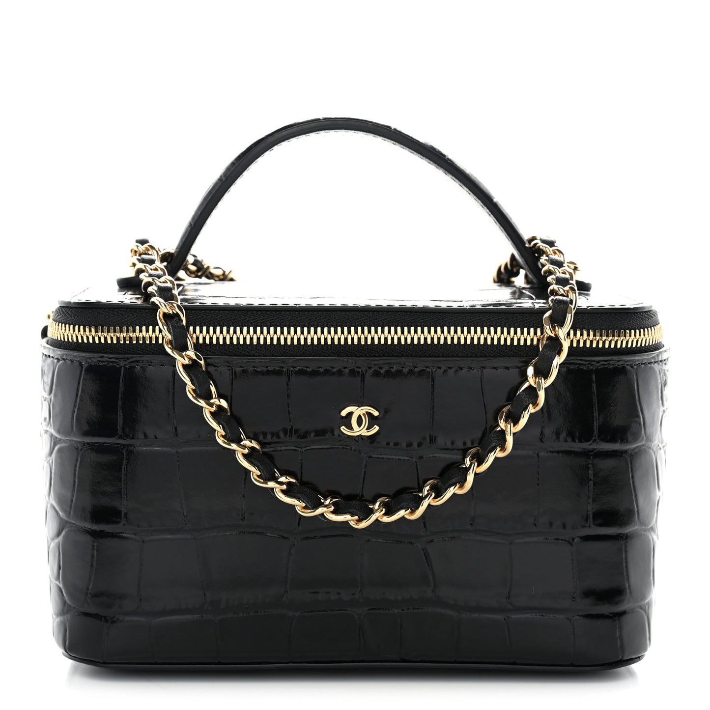 Calfskin Crocodile Embossed Crococo Small Top Handle Vanity Case With Chain Black