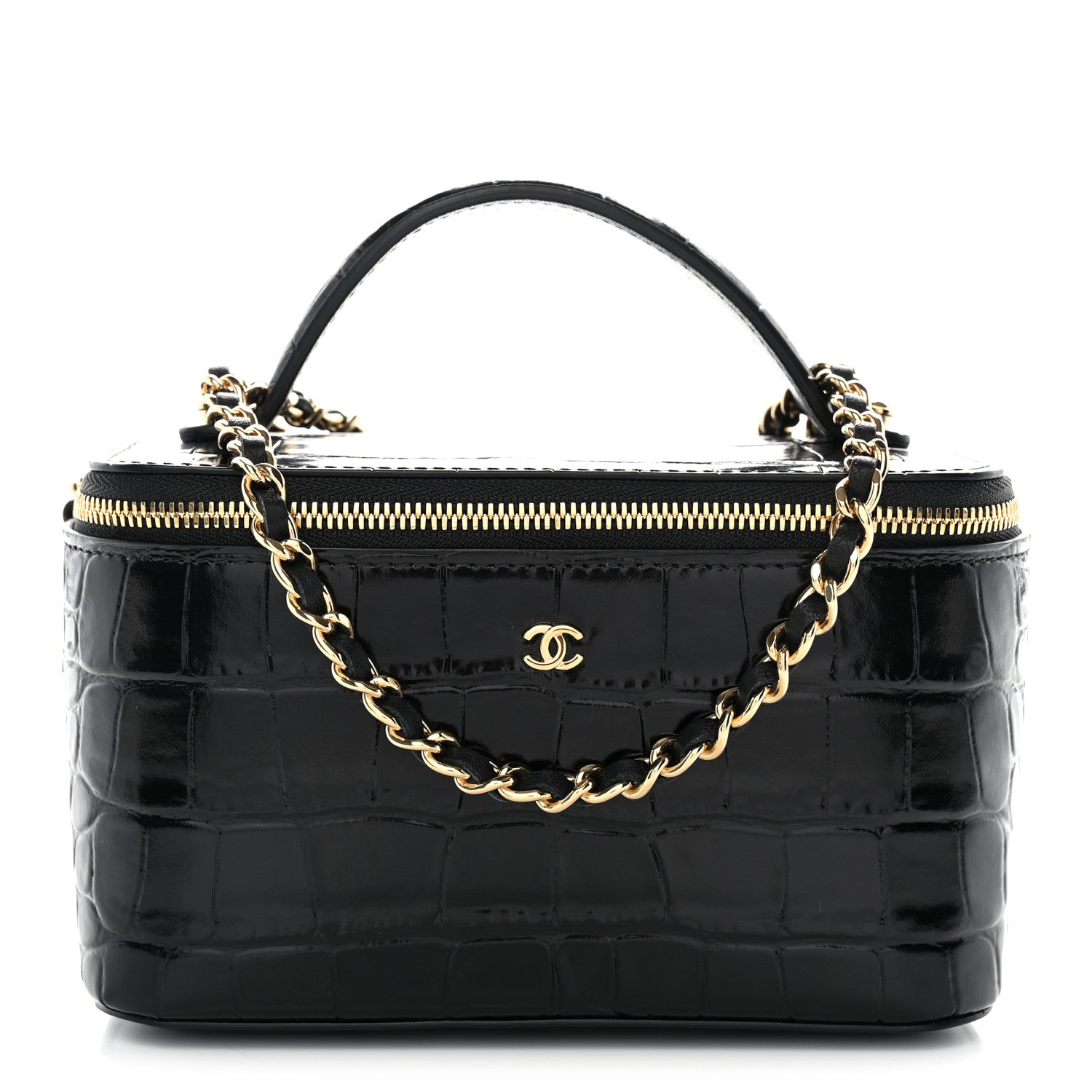Chanel Calfskin Crocodile Embossed Crococo Small Top Handle Vanity Case With Chain Black 1 of 11