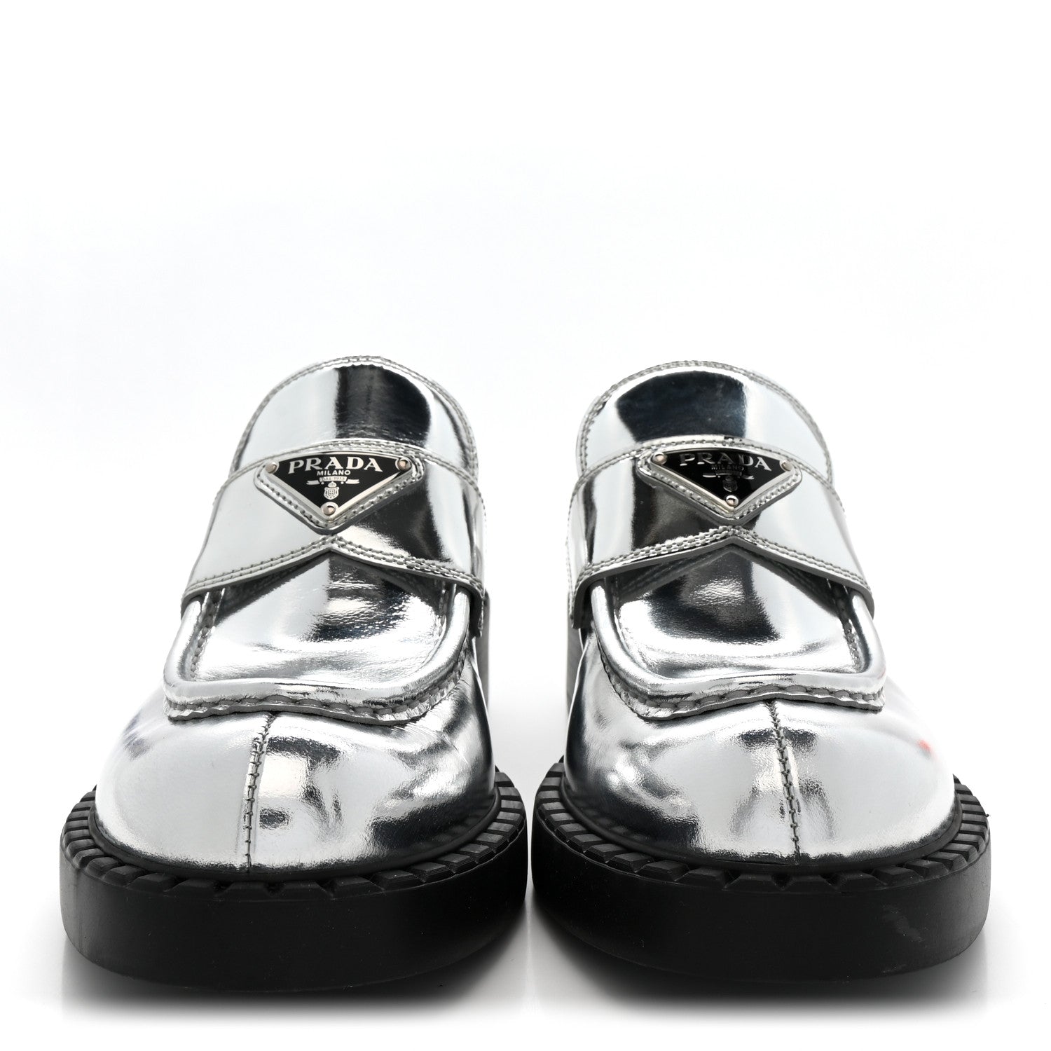 Prada Metallic Brushed Calfskin Metal Triangle Logo 50mm Loafers 39 Argento 3 of 10