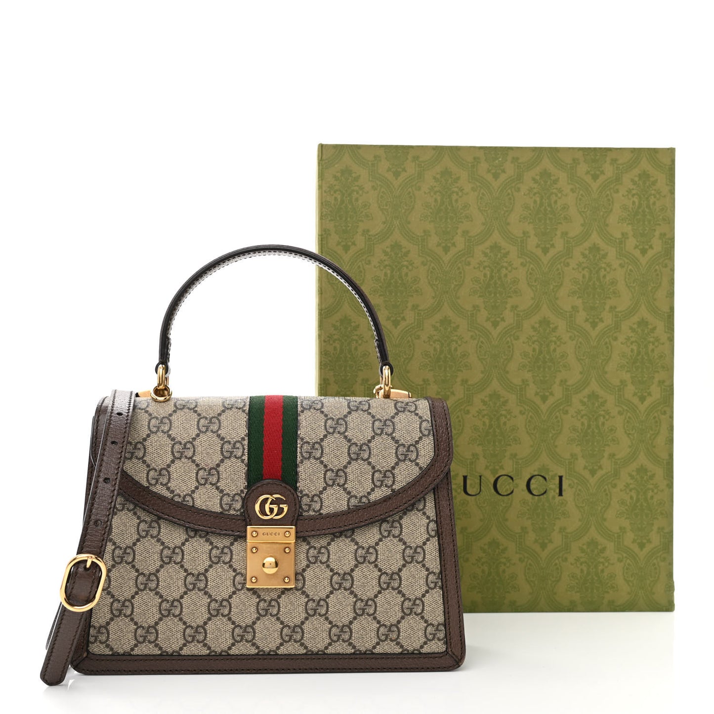 GG Supreme Monogram Textured Dollar Calfskin Web Small Ophidia Padlock Top Handle Bag Beige Ebony New Acero