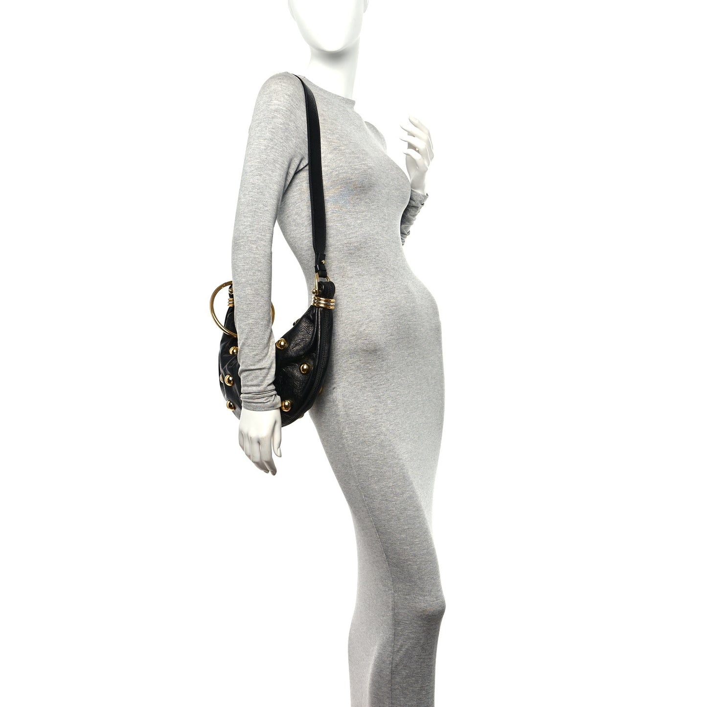 Calfskin Studded Small Bracelet Hobo Bag Black