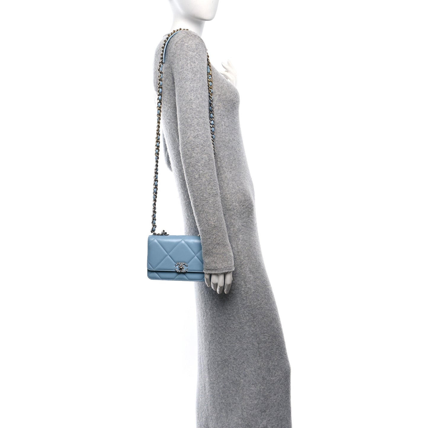Lambskin Quilted Chanel 19 Wallet On Chain WOC Light Blue